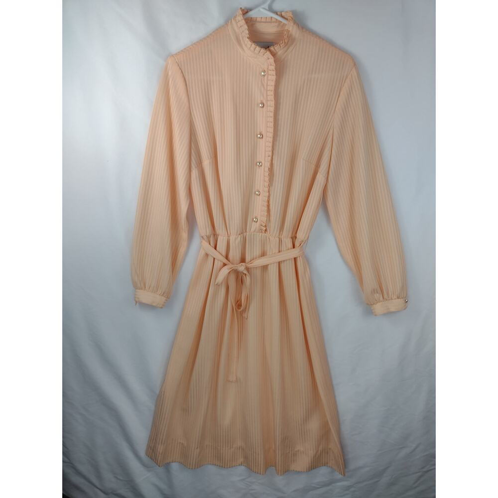 Vintage 80's Henry Lee Peach Striped Ruffle‎ Dress Pearl Buttons Size S (4/6)